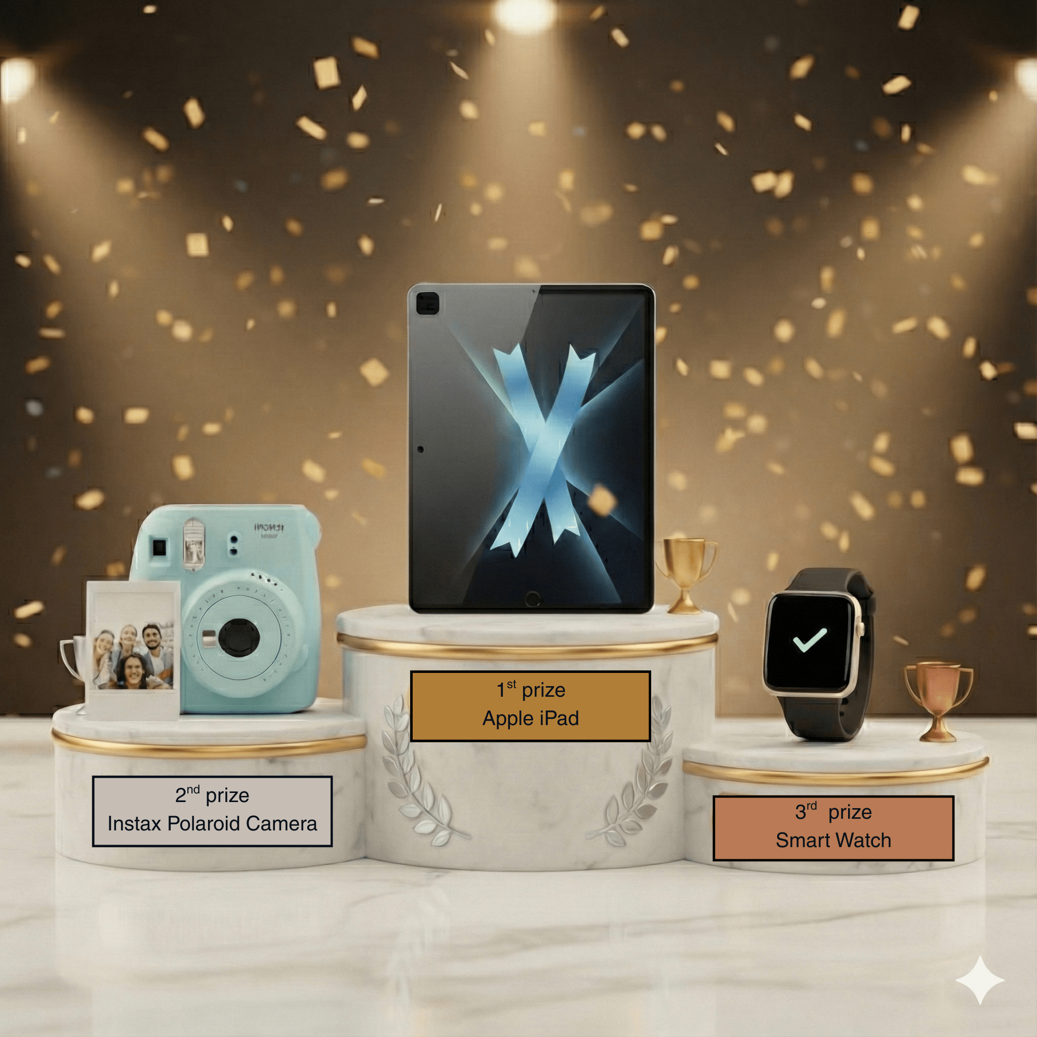 Competition Prizes including iPad, Instax Camera, and Smartwatch